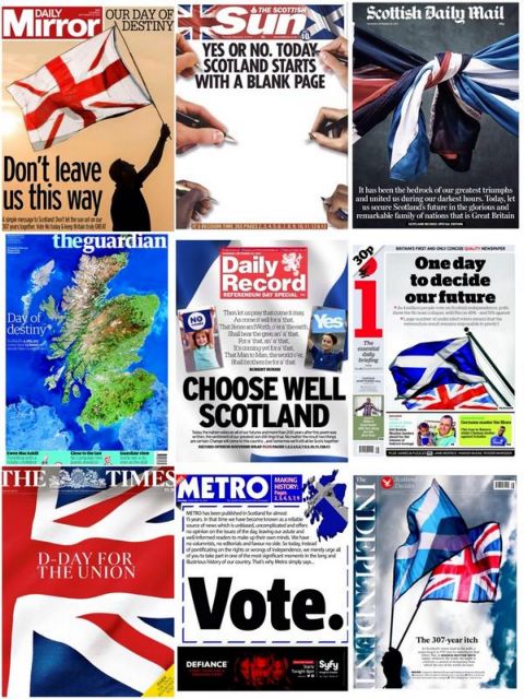 Τα πρωτοσέλιδα του βρετανικού τύπου για το δημοψήφισμα στη Σκωτία