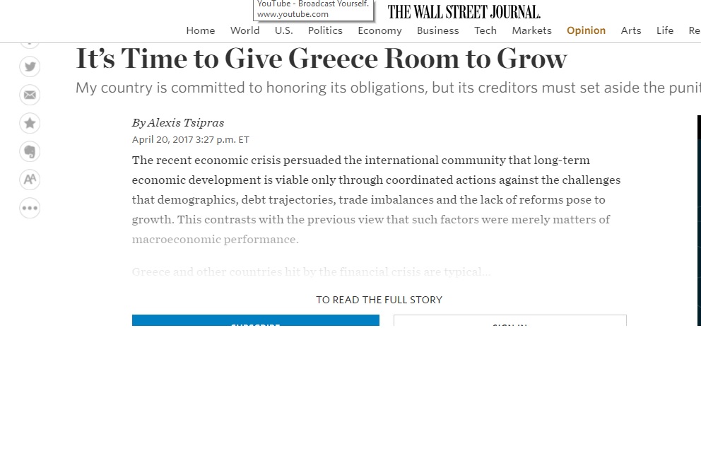 Αρθρο του Αλέξη Τσίπρα στην Wall Street Journal