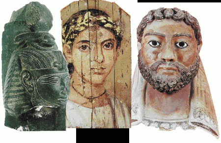 Αριστερά, κεφαλή του βασιλιά Ραμσή Στ´. Προέλευση Λούξορ, 20ή Δυναστεία, 1142-1134 π.X. Στο μέσον, «Αγόρι». Προέλευση Αντινοόπολις, Φαγιούμ, 2ος αι. μ.X. Δεξιά, προσωπείο άνδρα. Προέλευση άγνωστη, 1ος αι. μ.X.