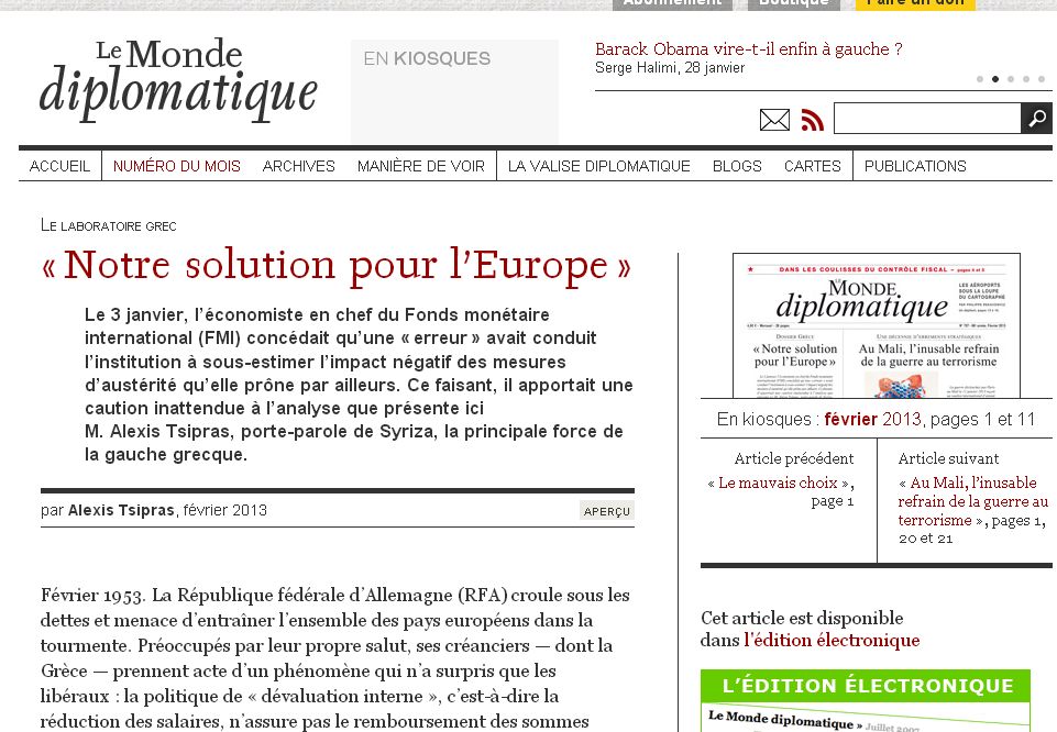 Αλέξης Τσίπρας στη Monde Diplomatique: «Η λύση μας για την Ευρώπη»
