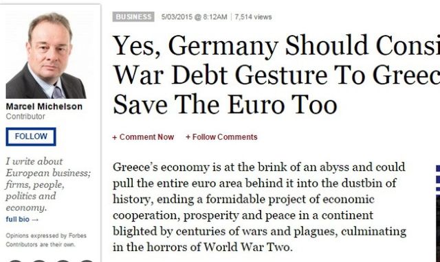 Forbes: Η Γερμανία να σώσει Ελλάδα – ευρώ με τις πολεμικές επανορθώσεις