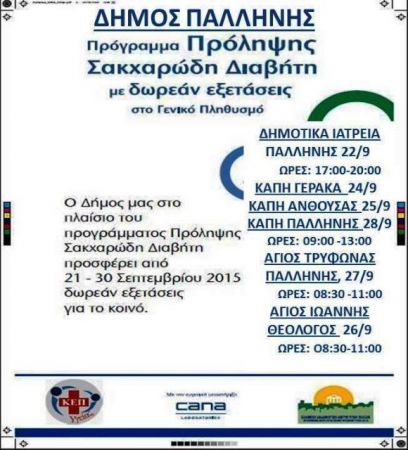 Παλλήνη: Δωρεάν εξετάσεις για Σακχαρώδη Διαβήτη