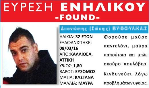 Νεκρός ο 32χρονος που είχε εξαφανιστεί από την Καλλιθέα Αττικής