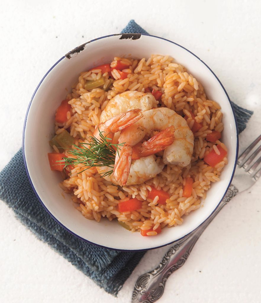 Πιλάφι αραμπιάτα με γαρίδες σοτέ