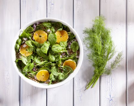 Σαλάτα με σπανάκι, πορτοκάλι, μάραθο και φακές