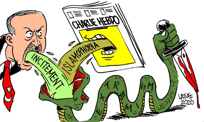 Σκίτσο του Latuff:  Ερντογάν και Charlie Hebdo  ταΐζουν το φίδι του εξτρεμισμού