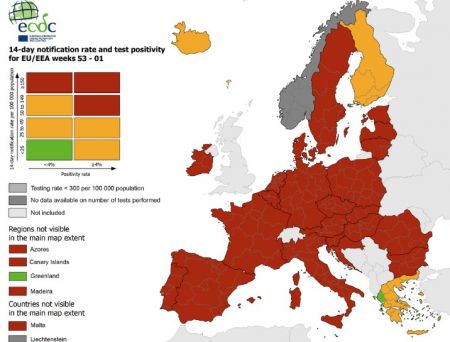 Κορωνοϊός – χάρτης ECDC  : Κόκκινη όλη η Ευρώπη – Μόνο στην Ελλάδα πράσινες περιοχές
