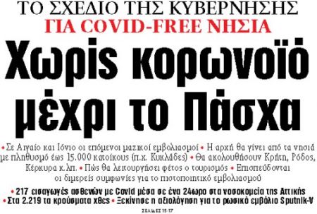 Στα «ΝΕΑ» της Παρασκευής : Χωρίς κορωνοϊό μέχρι το Πάσχα