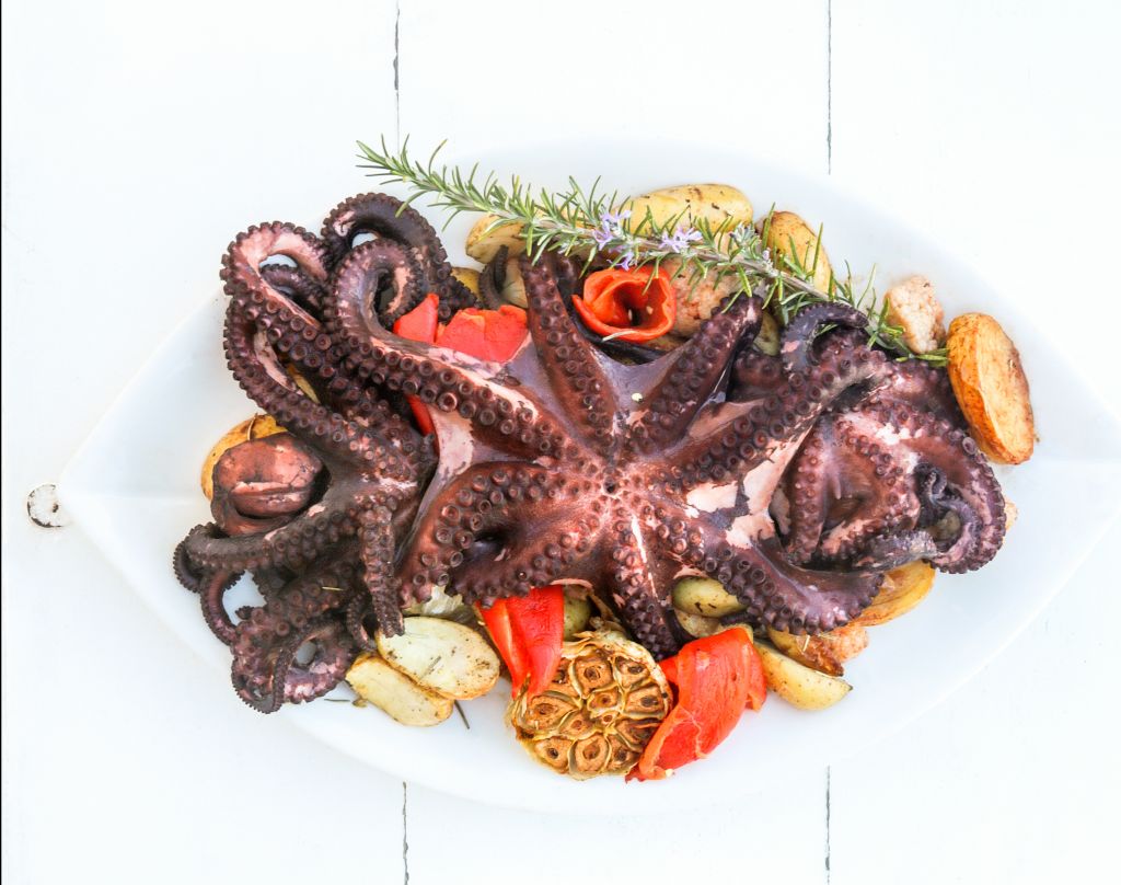 Χταπόδι με σάλτσα και πατατοσαλάτα