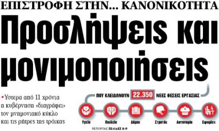 Στα «ΝΕΑ» της Δευτέρας: Προσλήψεις και μονιμοποιήσεις