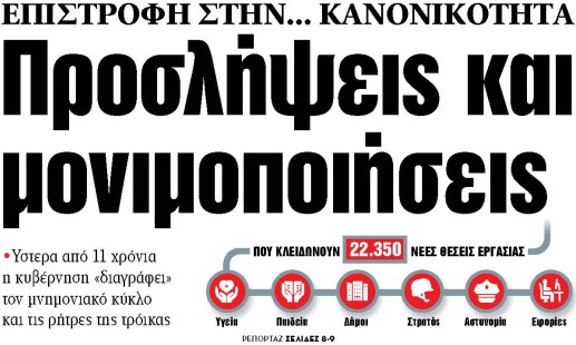 Στα «ΝΕΑ» της Δευτέρας: Προσλήψεις και μονιμοποιήσεις | tovima.gr