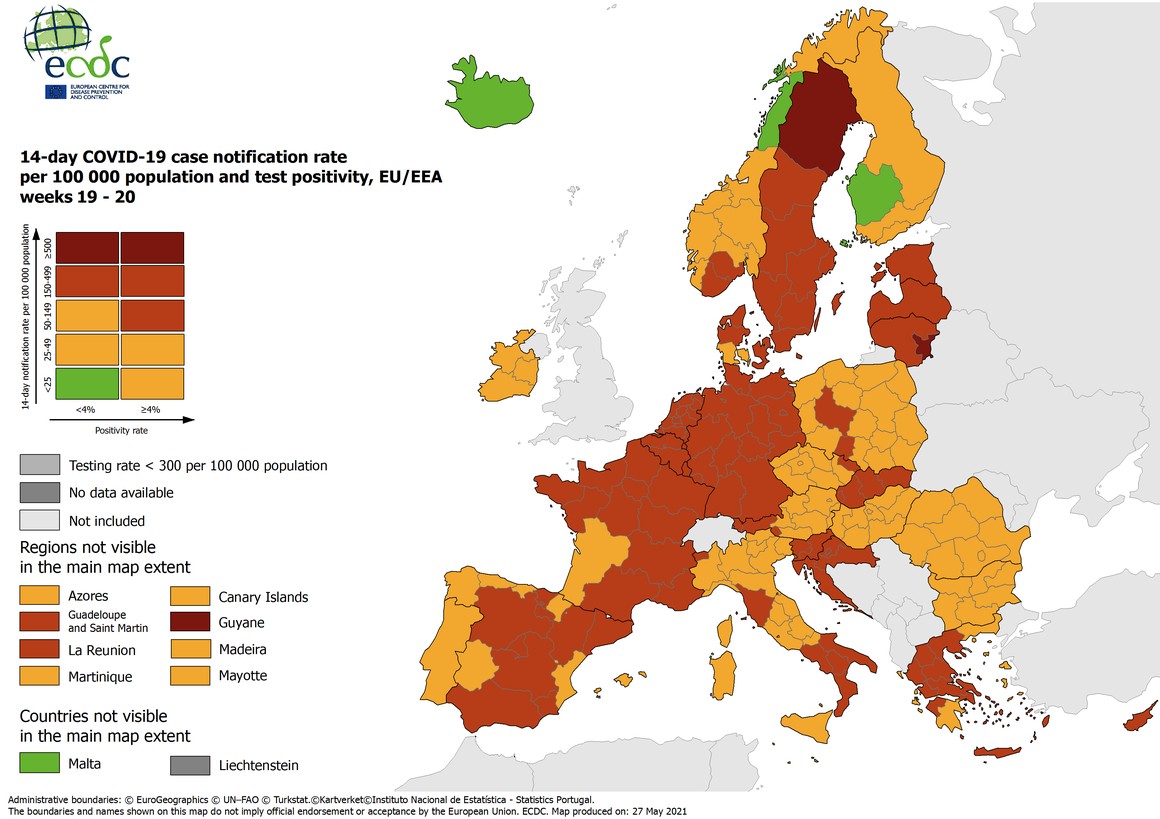ECDC: Βελτιωμένη η επιδημιολογική κατάσταση στην Ελλάδα – Παραμένει στο «πράσινο» ο δείκτης θετικότητας [χάρτες]