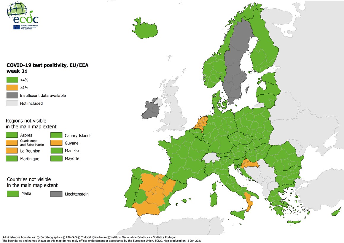 ECDC: Επεσε κάτω από το 4% ο δείκτης θετικότητας [χάρτες]