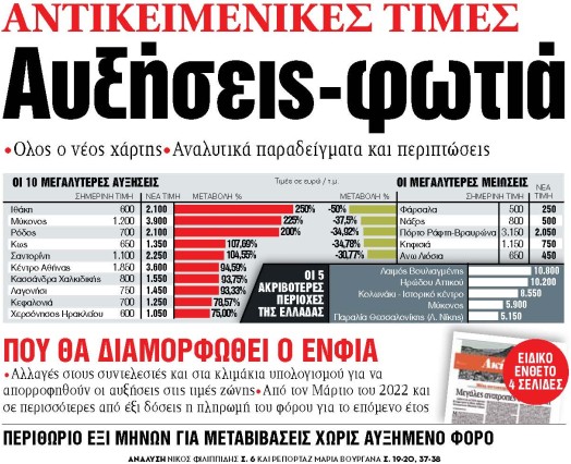 Στα «ΝΕΑ» της Τρίτης: Αυξήσεις-φωτιά | tovima.gr