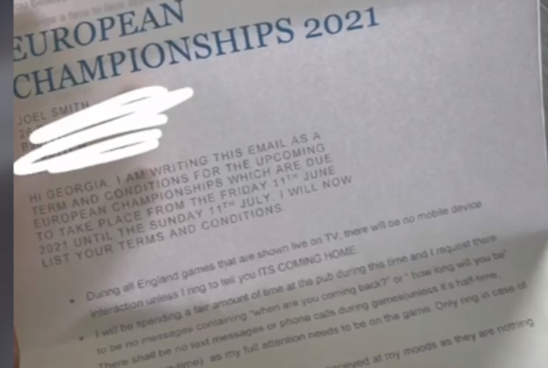Euro 2020: Έστειλε στην κοπέλα του γράμμα με… κανόνες συμπεριφοράς για όσο διαρκεί η διοργάνωση