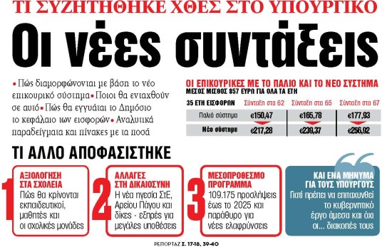 Στα «ΝΕΑ» της Πέμπτης: Οι νέες συντάξεις | tovima.gr