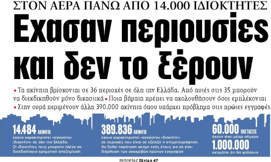 Στα «ΝΕΑ» της Δευτέρας: Εχασαν περιουσίες και δεν το ξέρουν | tovima.gr