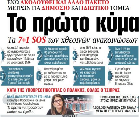 Στα «ΝΕΑ» της Τετάρτης: Το πρώτο κύμα