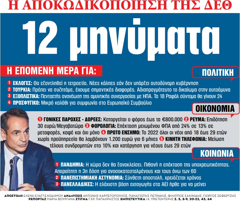 Στα «ΝΕΑ» της Δευτέρας – 12 μηνύματα