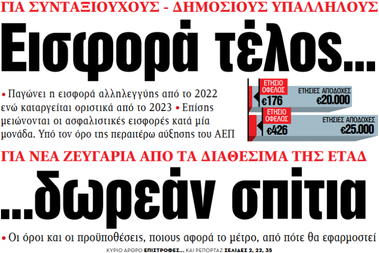 Στα «ΝΕΑ» της Τετάρτης – Εισφορά τέλος… δωρεάν σπίτια | tovima.gr