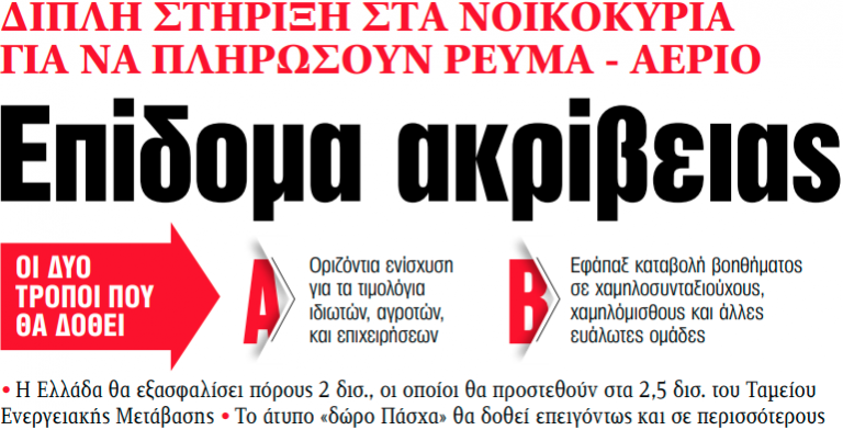 Στα «ΝΕΑ» της Πέμπτης: Επίδομα ακρίβειας | tovima.gr