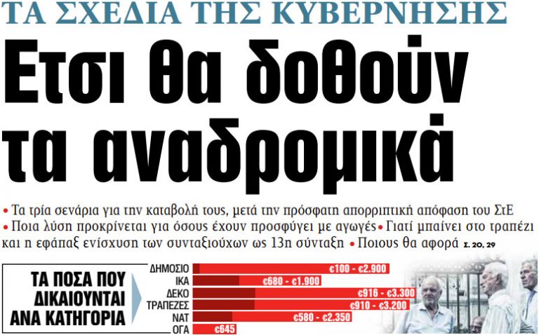 Στα «ΝΕΑ» της Πέμπτης: Ετσι θα δοθούν τα αναδρομικά | tovima.gr
