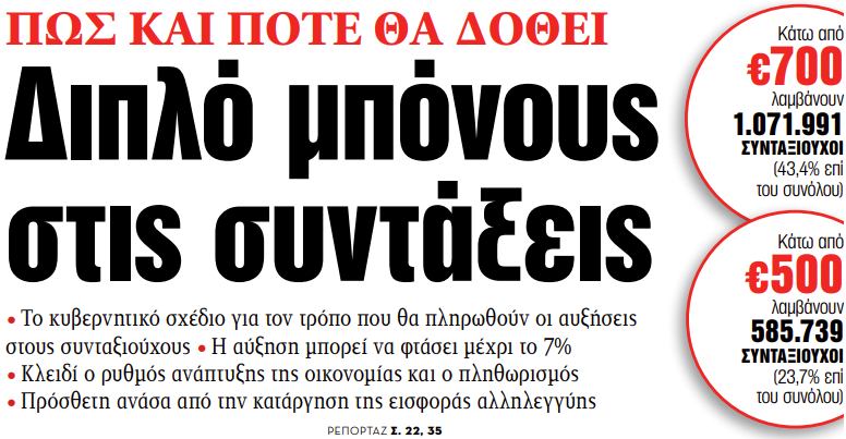 Στα «ΝΕΑ» της Παρασκευής: Διπλό μπόνους στις συντάξεις