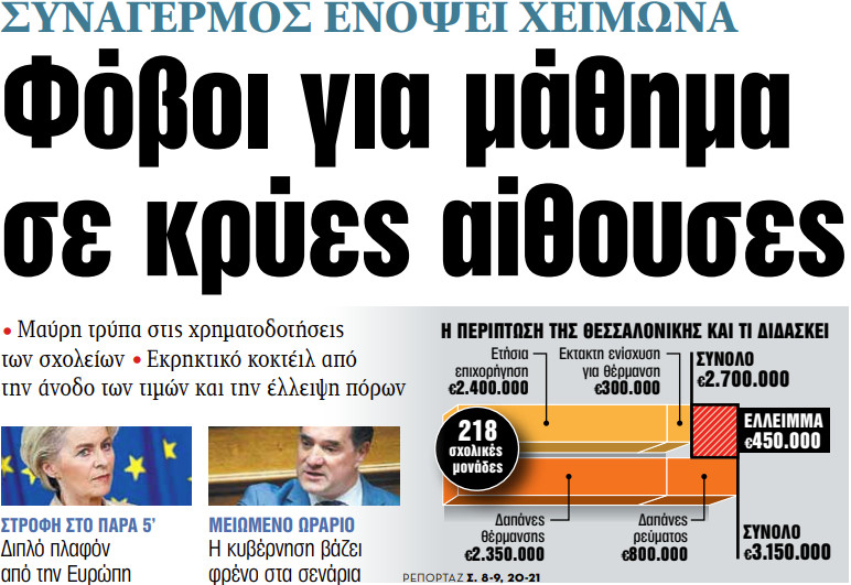 Στα «ΝΕΑ» της Πέμπτης: Φόβοι για μάθημα σε κρύες αίθουσες