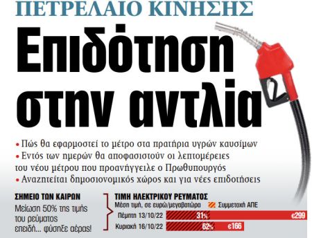 Στα «ΝΕΑ» της Δευτέρας: Επιδότηση στην αντλία