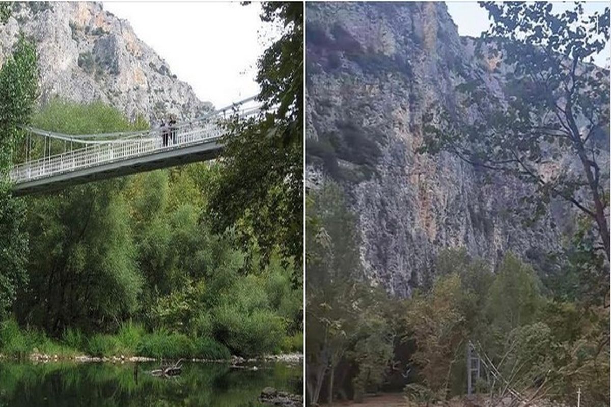 Τα νερά κάλυψαν την κρεμαστή γέφυρα των Τεμπών – Το πριν και το μετά