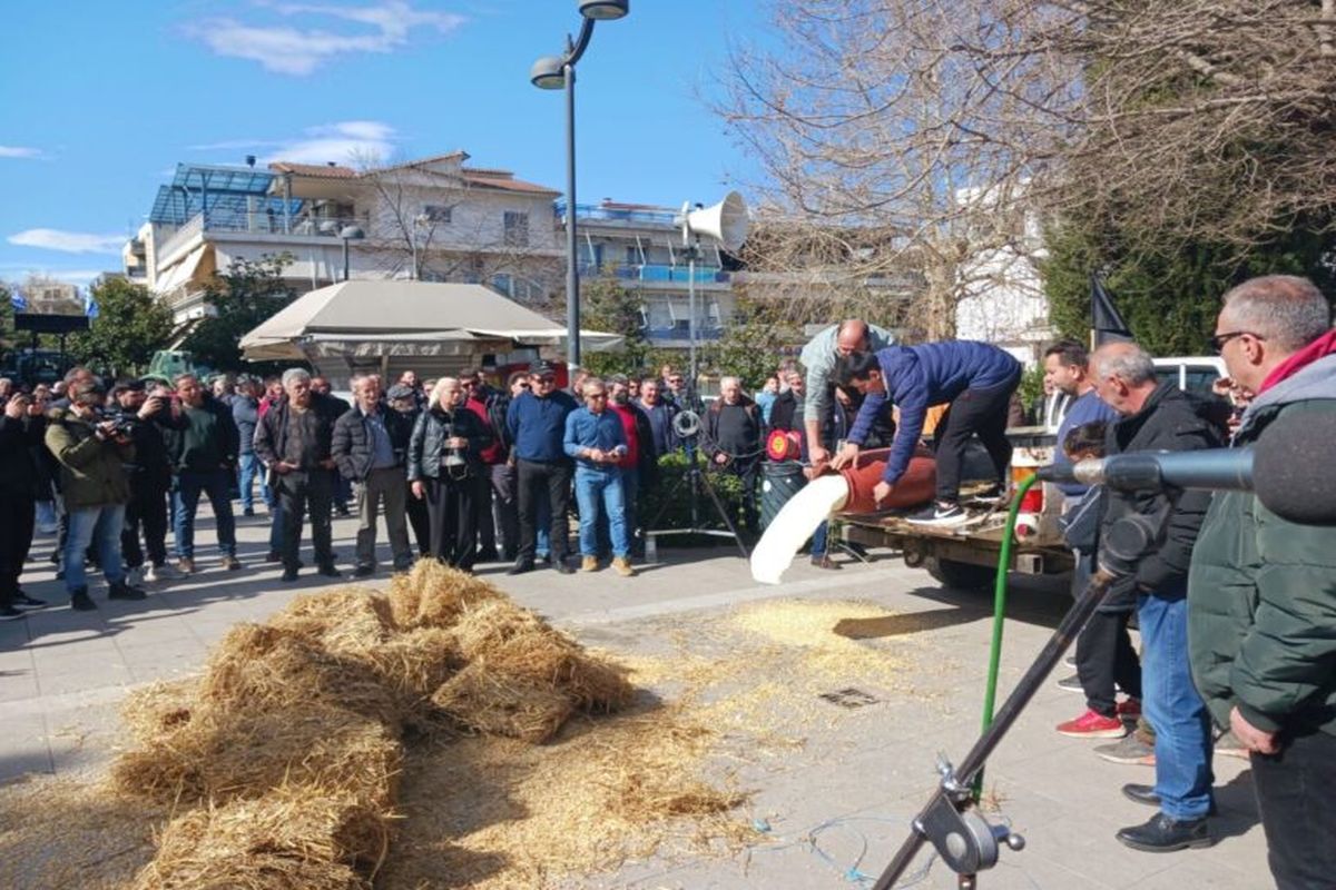Αγρότες: Έριξαν άχυρο, γάλα και καλαμπόκι στα Φάρσαλα