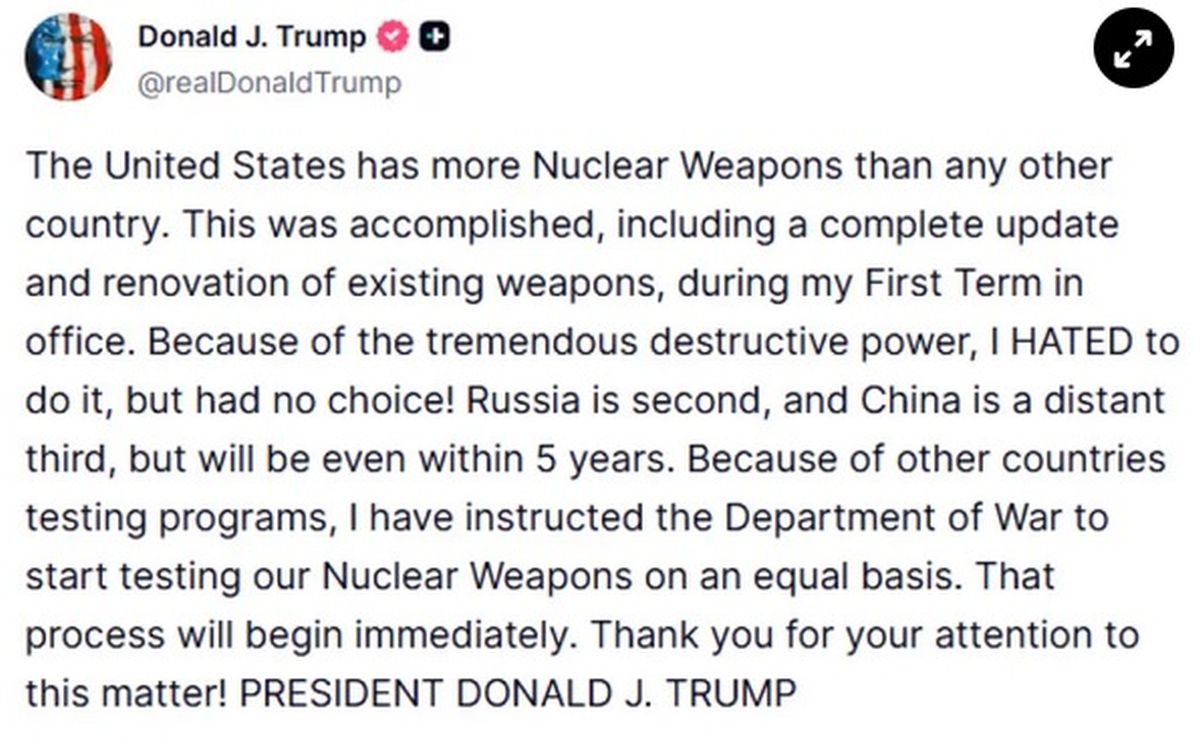 Τραμπ: Έδωσε εντολή για δοκιμές πυρηνικών όπλων – «Δεν είχα άλλη επιλογή» Τραμπ: Έδωσε εντολή για δοκιμές πυρηνικών όπλων – «Δεν είχα άλλη επιλογή»